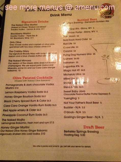 the naked olive lounge|Menu for The Naked Olive Lounge in Berkeley Springs, WV